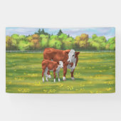 Hereford-Koe en Cute Calf in zomerperiode Spandoek (Horizontaal)