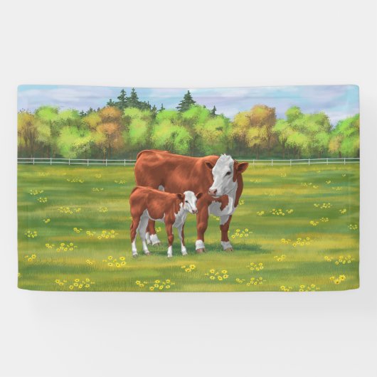 Hereford-Koe en Cute Calf in zomerperiode Spandoek (Horizontaal)