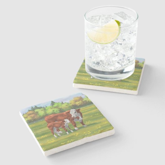 Hereford-Koe en Cute Calf in zomerperiode Stenen Onderzetter (Zijkant)