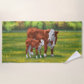Hereford-Koe en Cute Calf in zomerperiode Strandlaken (Voorkant)