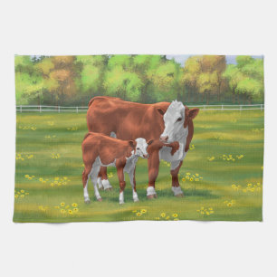 Hereford-Koe en Cute Calf in zomerperiode Theedoek
