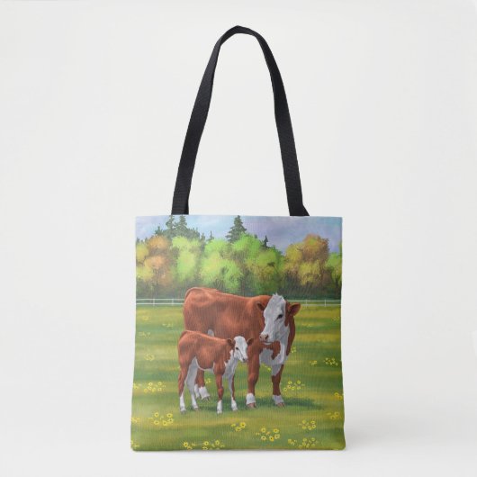 Hereford-Koe en Cute Calf in zomerperiode Tote Bag (Voorkant)