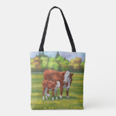 Hereford-Koe en Cute Calf in zomerperiode Tote Bag (Achterkant)