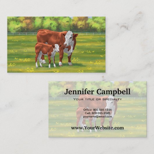 Hereford-Koe en Cute Calf in zomerperiode Visitekaartje (Voorkant / Achterkant)