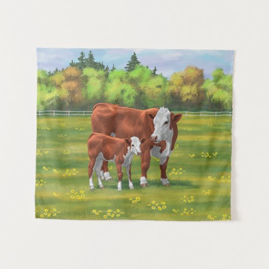 Hereford-Koe en Cute Calf in zomerperiode Wandkleed (Voorkant (horizontaal))