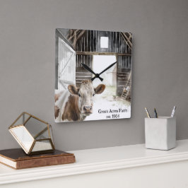 Hereford Koe en Rooster In Barn Vierkante Klok