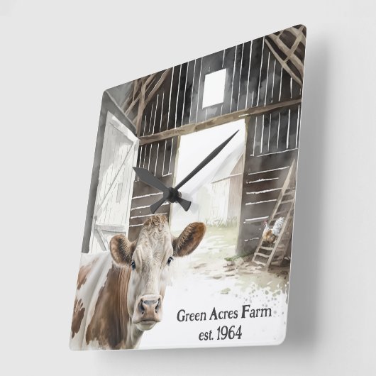 Hereford Koe en Rooster In Barn Vierkante Klok (Hoek)
