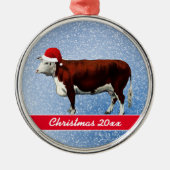 Hereford Koe en Santa Hat Metalen Ornament (Voorkant)
