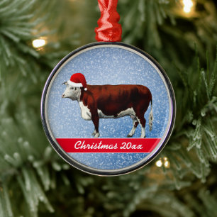 Hereford-koe met kerstmuts metalen ornament
