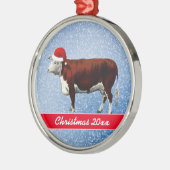 Hereford-koe met kerstmuts metalen ornament (Links)