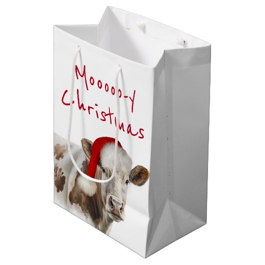 Hereford Koe met Santa Pet Medium Cadeauzakje (Voorkant Gekanteld)
