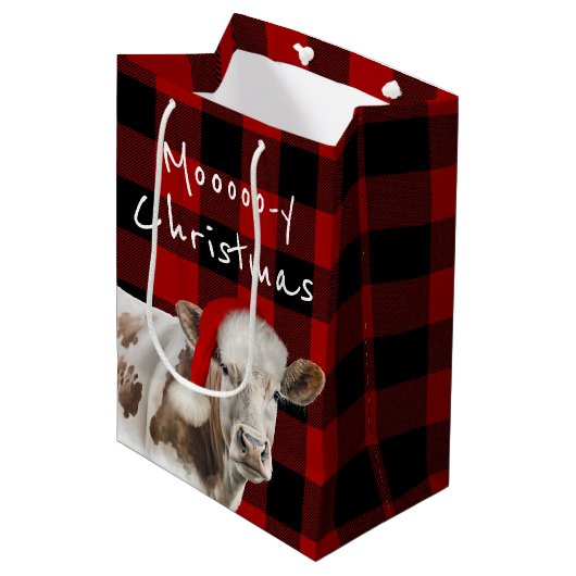 Hereford Koe met Santa Pet op Plaid Medium Cadeauzakje (Voorkant Gekanteld)