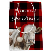 Hereford Koe met Santa Pet op Plaid Medium Cadeauzakje (Voorkant)