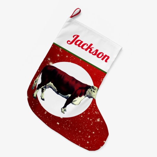 Hereford Koe op Starry Red Grote Kerstsok (Voorkant (Hangend))