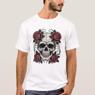 Heren Basic Gotische Schedel met Rozen – Donkere T T-shirt