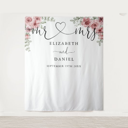 Heren Dames Script Bloemige Trouwfoto Booth Achter Wandkleed (Voorkant)