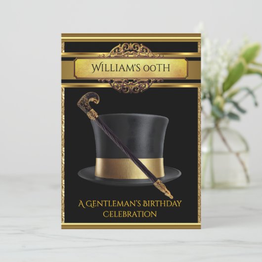 Heren Elegant Goud Zwart Verjaardagsfeest Kaart (Staand voorkant)