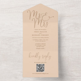 Heren en Mevrouw Modern QR-code Zachte Perzik Huwe All In One Uitnodiging