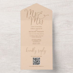 Heren en Mevrouw Modern QR-code Zachte Perzik Huwe All In One Uitnodiging