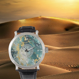 Heren horloge in teal met goud marmerlook – Zwarte