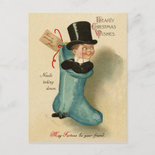 Heren jongen in grote blauwe kerstsok, briefkaart