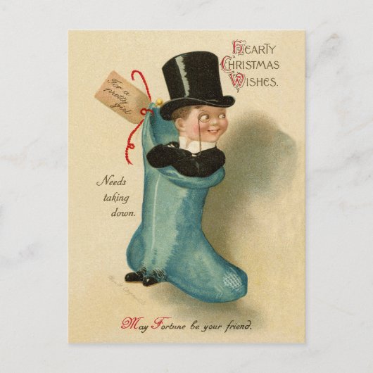 Heren jongen in grote blauwe kerstsok,  briefkaart (Voorkant)