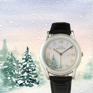 Heren lederen horloge met eigen naam – Besneeuwd b
