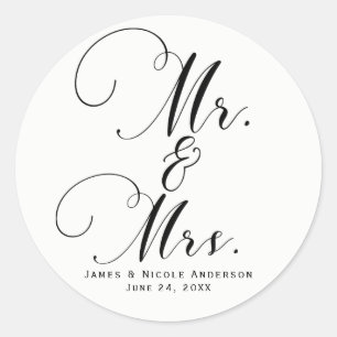 Heren & Mevrouw Black White Script Custom Trouwgun Ronde Sticker