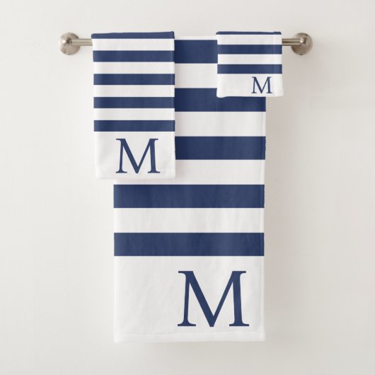 Heren Monogram Initiaal Blauw en Witte Strepen Bad Handdoek (Insitu)