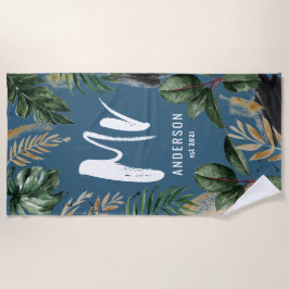 Heren tropisch blad & typografie blauw modern strandlaken