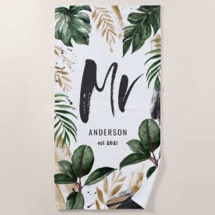 Heren tropisch blad & typografie strandhanddoek strandlaken
