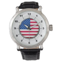 Heren USA Vlag Vintage Zwarte Leren Band Horloge
