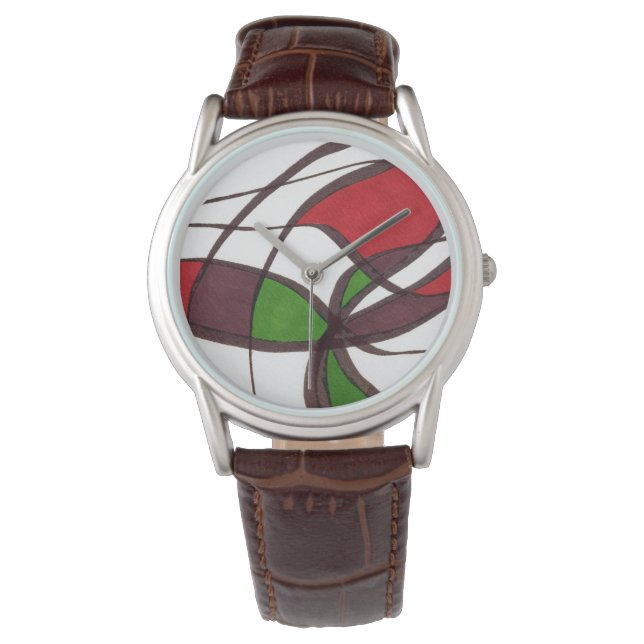 Heren zwenken rood, groen, bruin op wit horloge (Voorkant)