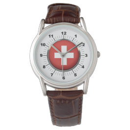 Heren Zwitserland Vlag Klassiek Bruin Leren Horlog Horloge