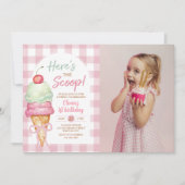 Here's The Scoop Ice Cream Bow 1st Birthday Photo Kaart (Voorkant)