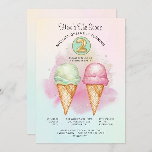 Here's The Scoop Turning Two Birthday Party Kaart (Voorkant / Achterkant)