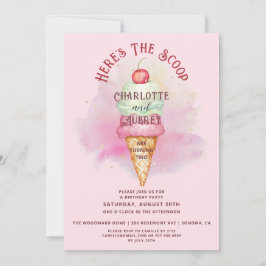 Here's The Scoop Twins 2nd Birthday Party Pink  Kaart