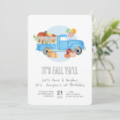 Herfst 1e verjaardag pompoen blauwe vrachtwagen kaart (Staand voorkant)