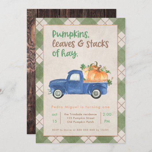 Herfst 1e verjaardag Pumpkin Truck Boy Rustic Kaart (Voorkant / Achterkant)