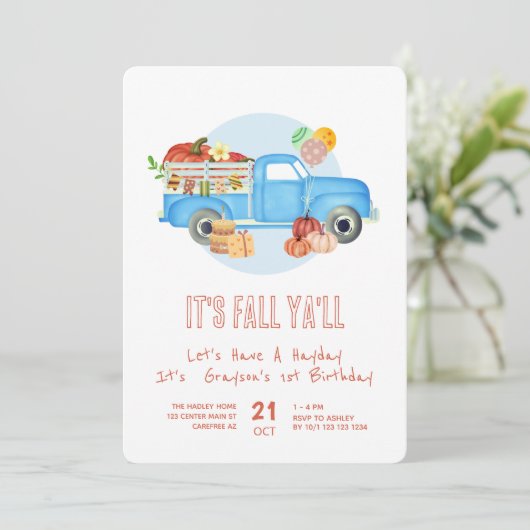 Herfst 1e Verjaardags Pompoen Blauwe Vrachtwagen Kaart (Staand voorkant)