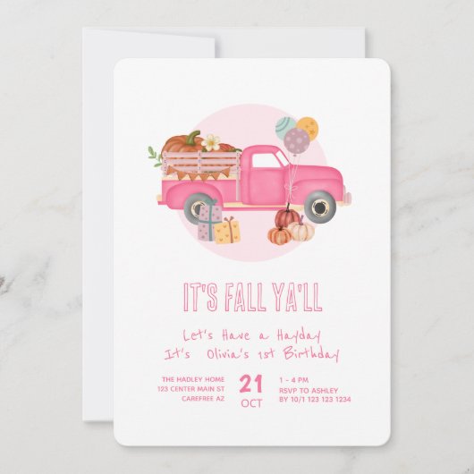 Herfst 1e Verjaardags Pompoen Roze Vrachtwagen Kaart (Voorkant)
