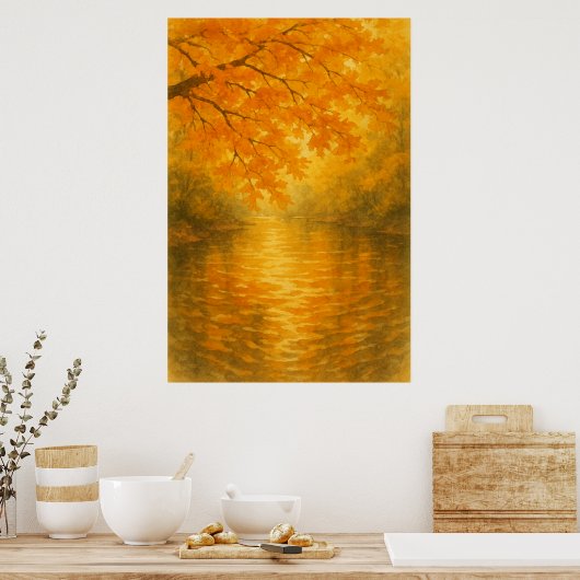 Herfst 4, Golden Leaves, Quiet River, seizoensgebo Poster (Keuken)