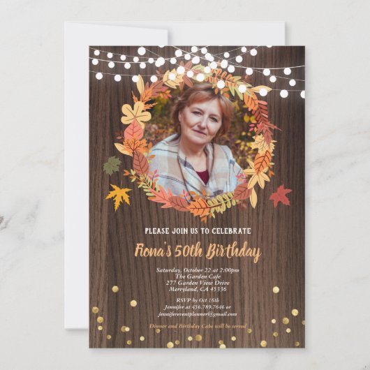 Herfst 50e verjaardag foto uitnodigen krans hout kaart (Voorkant)