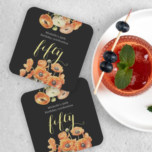 Herfst 50e Verjaardag Party Sinaasappel Bloemen Kartonnen Onderzetters