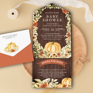 Herfst Aards Bloemig Hout Pompoen Baby Shower All In One Uitnodiging