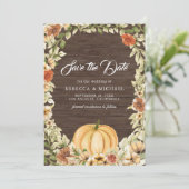 Herfst Aards Bloemig Pompoen Schuur Hout Bruiloft Save The Date (Staand voorkant)