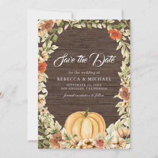 Herfst Aardse Bloemen Pompoen Schuur Hout Huwelijk Save The Date (Voorkant)