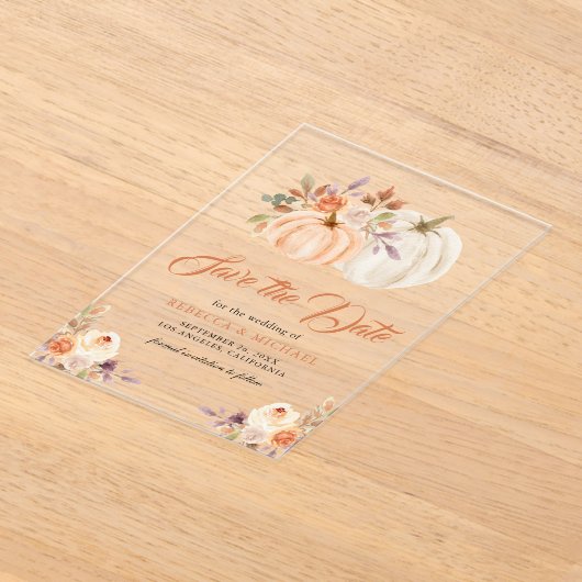 Herfst Aardse Bloemenpompoen bruiloft Save the Dat Acryl Uitnodigingen (Laagn)