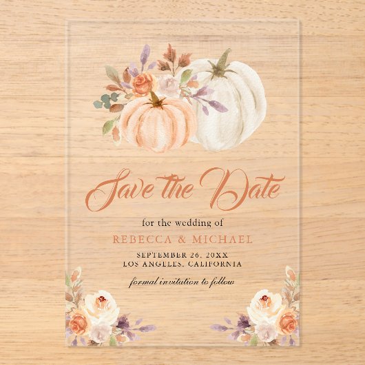 Herfst Aardse Bloemenpompoen bruiloft Save the Dat Acryl Uitnodigingen (Voorkant)
