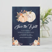 Herfst Aardse Bloemenpompoen Navy Blue Wedding Save The Date (Staand voorkant)